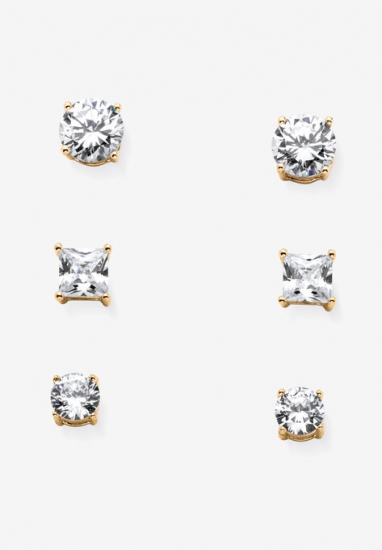 Gold Tone 3 Pair Stud Earrings (8x8mm) Cubic Zirconia - PalmBeach Jewelry - Click Image to Close