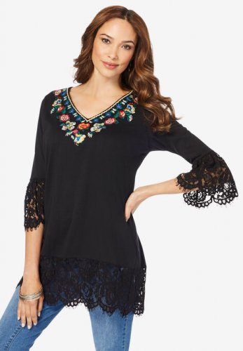 Embroidered V-Neck Tunic - Roaman's