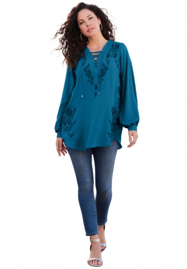 Embroidered Lace-Up Tunic - Roaman's - Click Image to Close