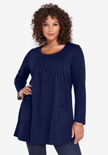 Long-Sleeve Two-Pocket Soft Knit Tunic - Roaman's