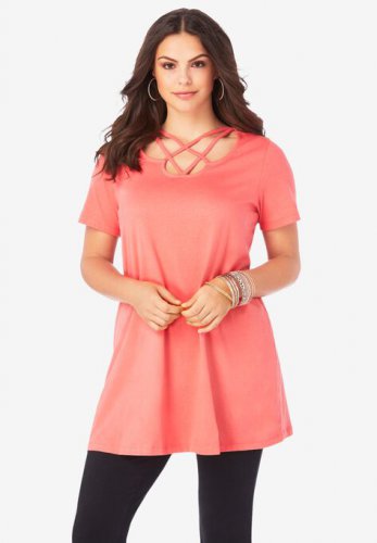 Lattice-Neck Short Sleeve Ultimate Tunic - Roaman's